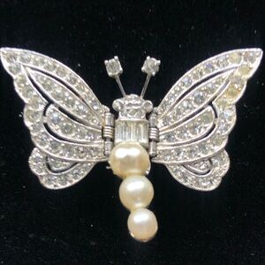 vintage silver & pearl butterfly crystal brooch pin